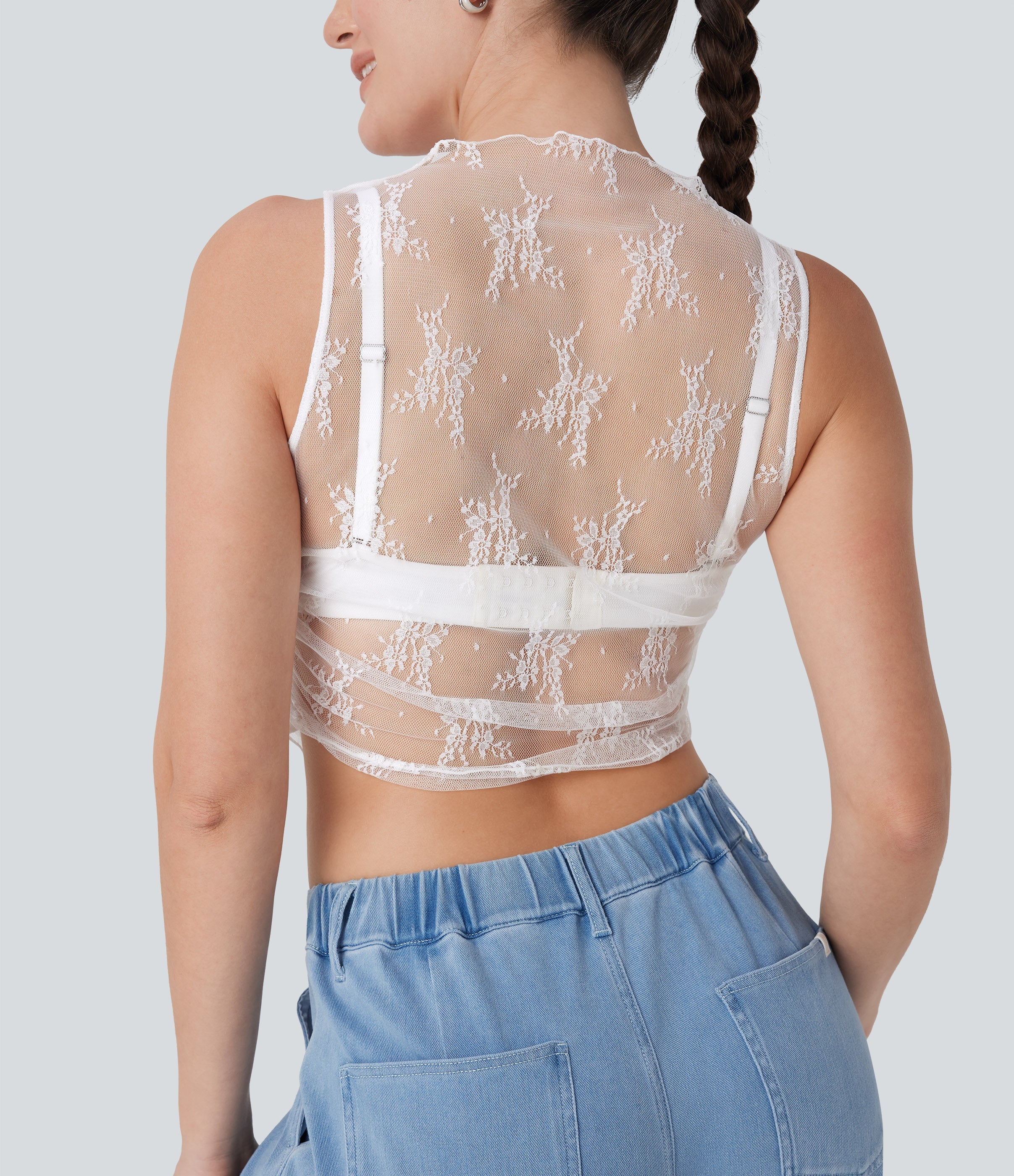 Mock Neck Sleeveless Ruched Cropped Sheer Lace Casual Top