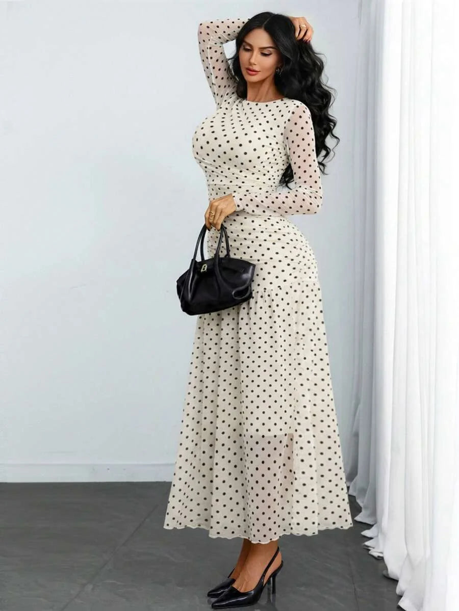 Women's Gothic Sexy Elegant Modern Contrast Stripe Asymmetrical Ruffle Waist Double-Layer Mesh Long Sleeve Dress, Suitable For Dates, Vacations And Daily Commute Spring