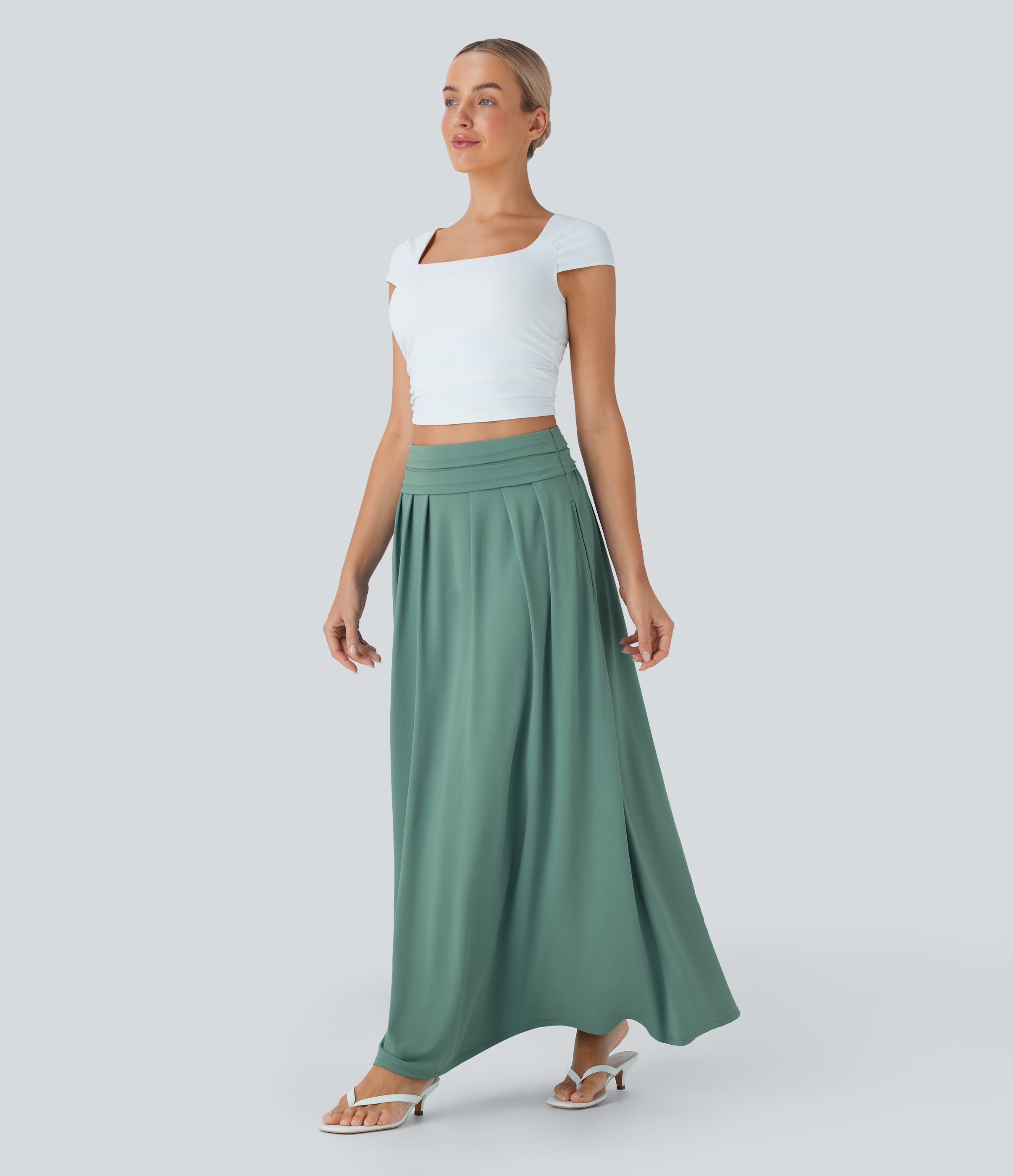 Socinched High Waisted Tummy Control Flare Maxi Casual Skirt with Pockets