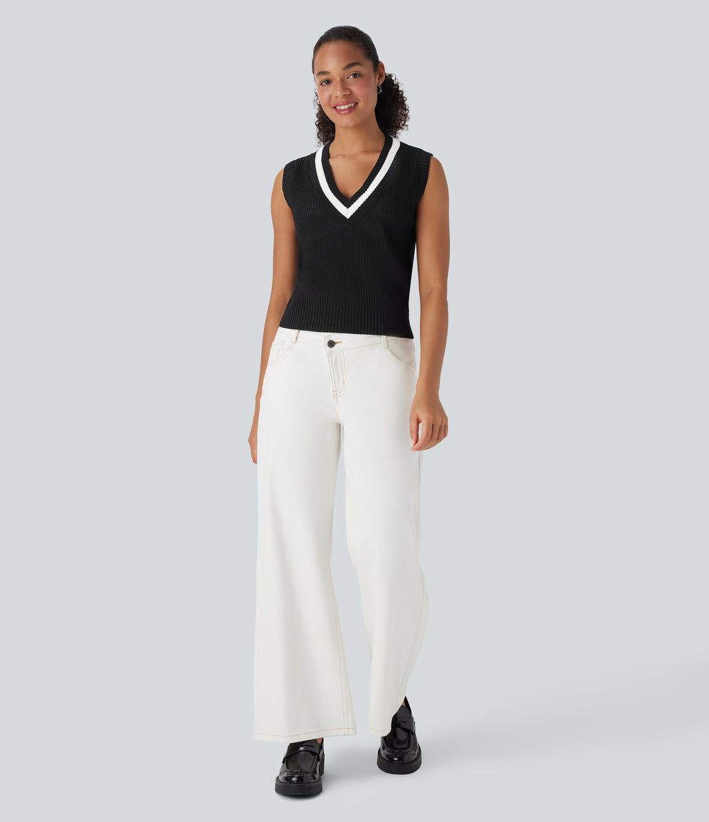 V Neck Color Block Casual Sweater Vest