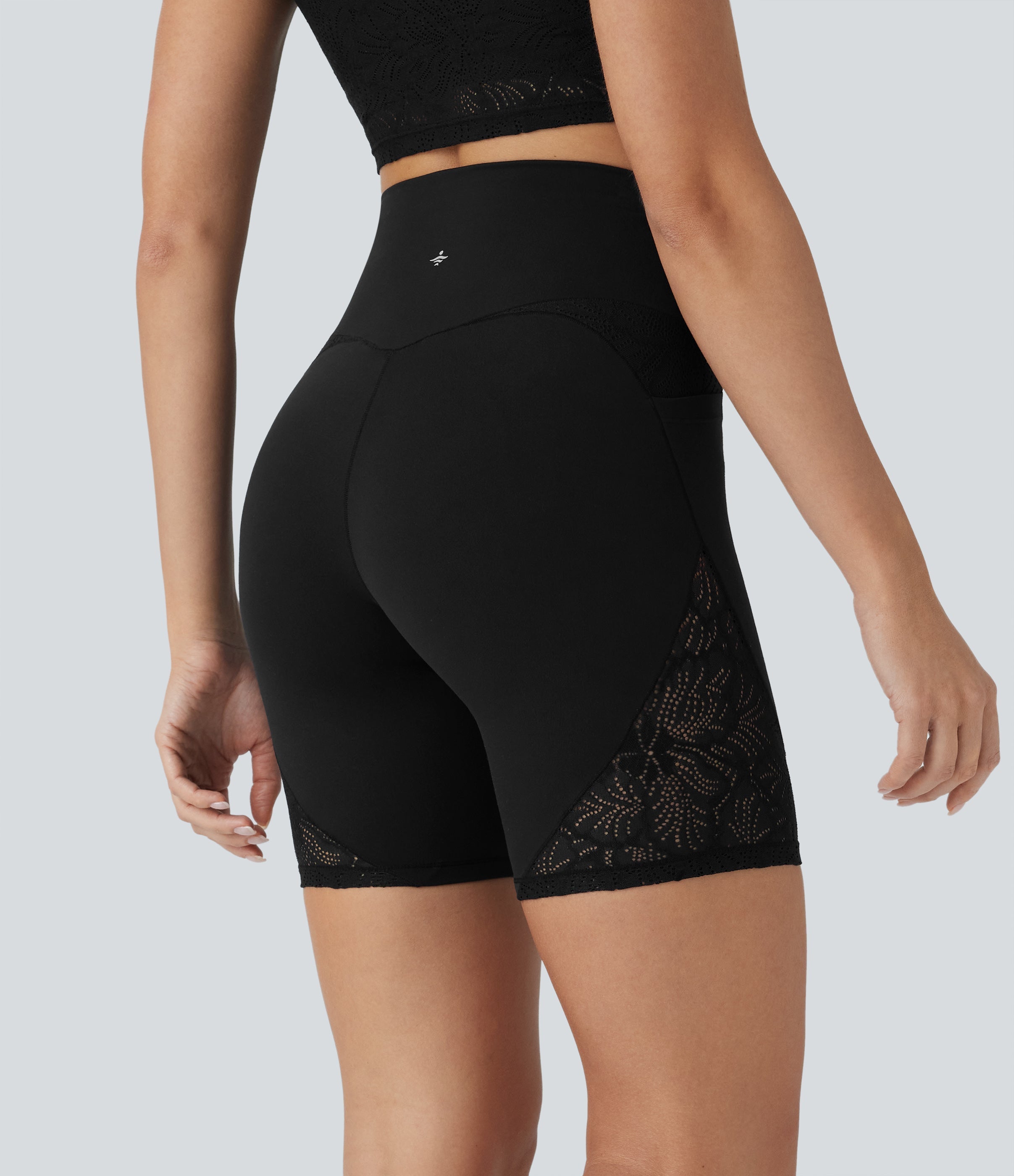 SoftlyzeroTM High Waisted Crossover Contrast Lace Yoga Biker Shorts 7'' with Pockets-UPF50+