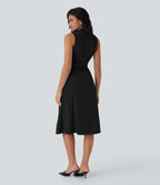 Anti-wrinkle V Neck Sleeveless Wrapped Belted Midi Travel Dress with Pockets