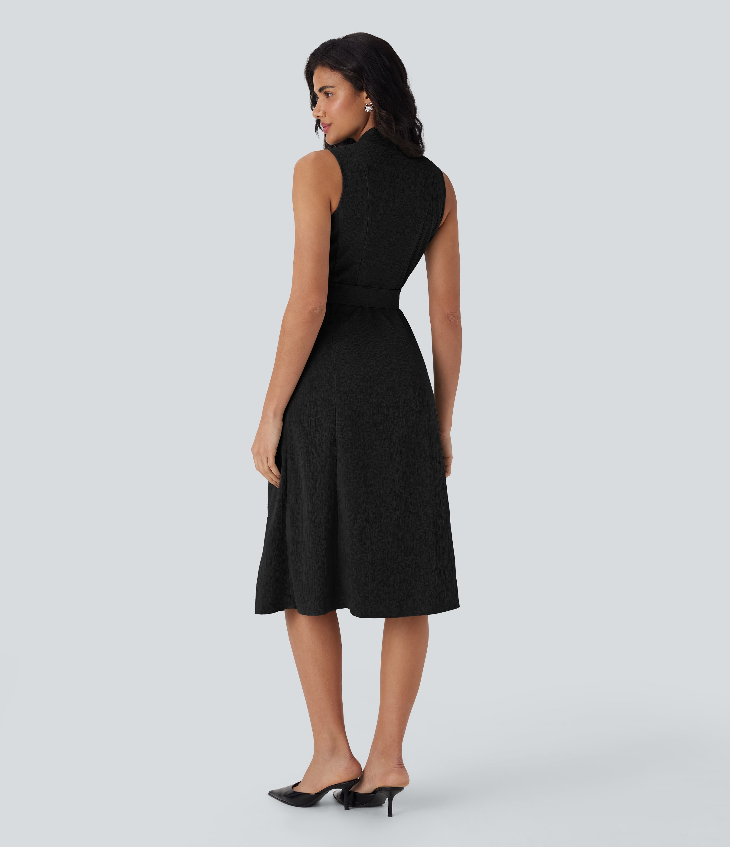 Anti-wrinkle V Neck Sleeveless Wrapped Belted Midi Travel Dress with Pockets