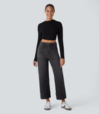 FlexTM High Waisted Multiple Pockets Rolled Hem Wide Leg Washed Stretchy Knit Casual Jeans