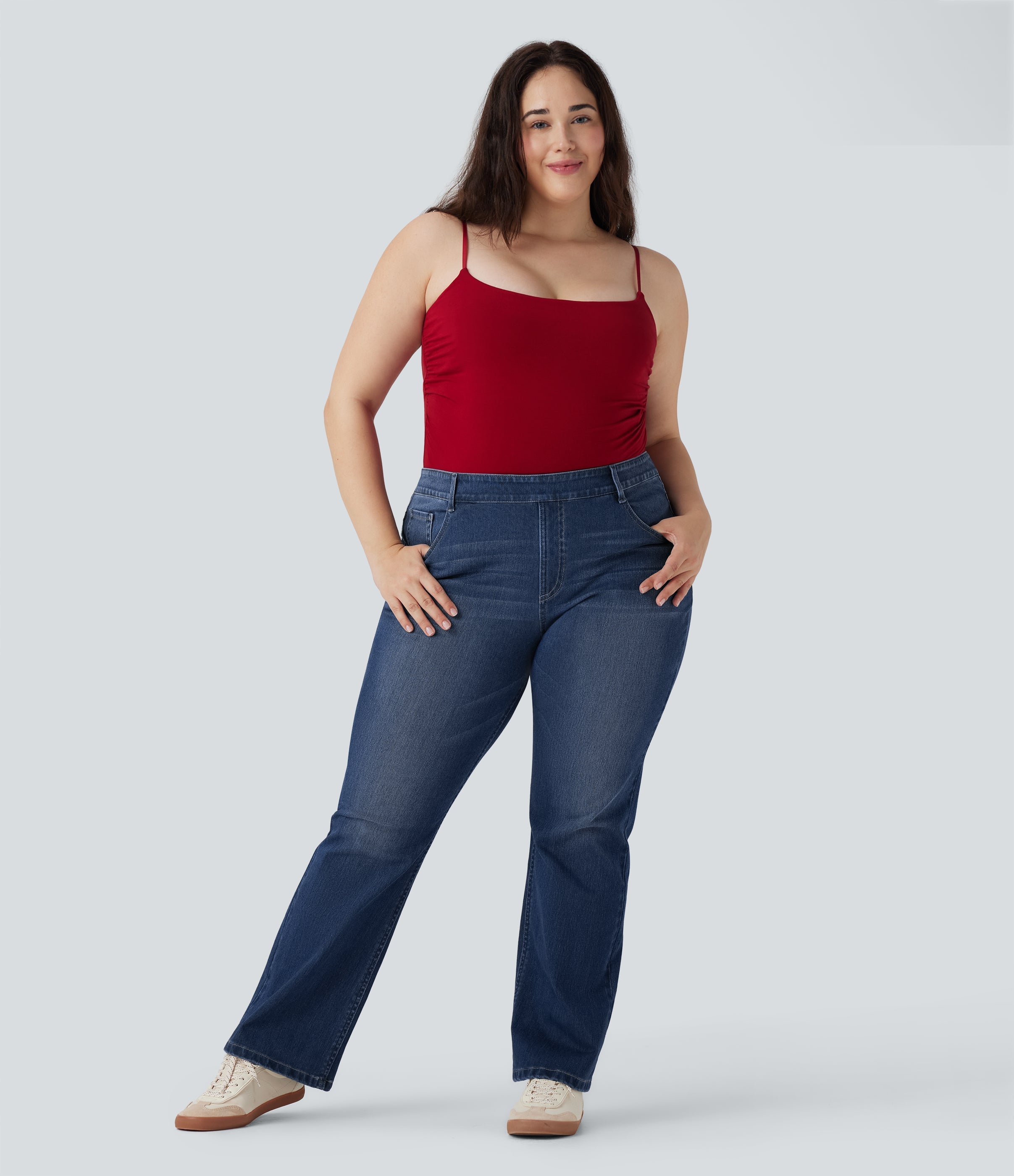 Plus Size FlexTM High Waisted Washed Casual Bootcut Jeans with Pockets