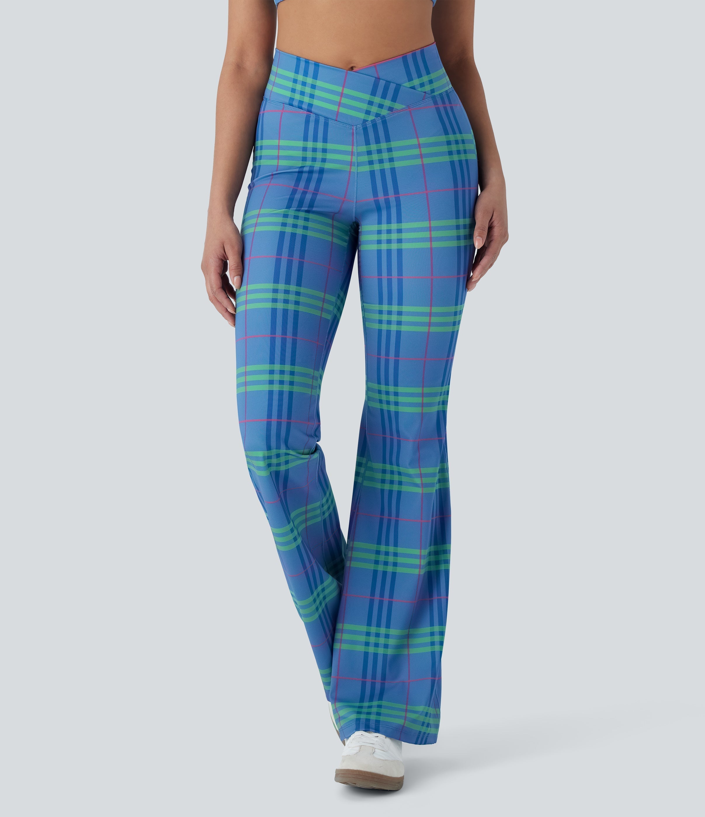 Crossover High Waisted Plaid Cool Touch Yoga Flare Leggings with Pocket