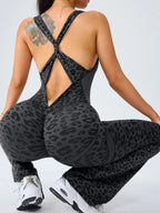 Women's Leopard Print Yoga Jumpsuit, Cross Strap Design, Long Sleeve Slim Fit, Casual Fashion for All Seasons, Comfortable Wear at Home