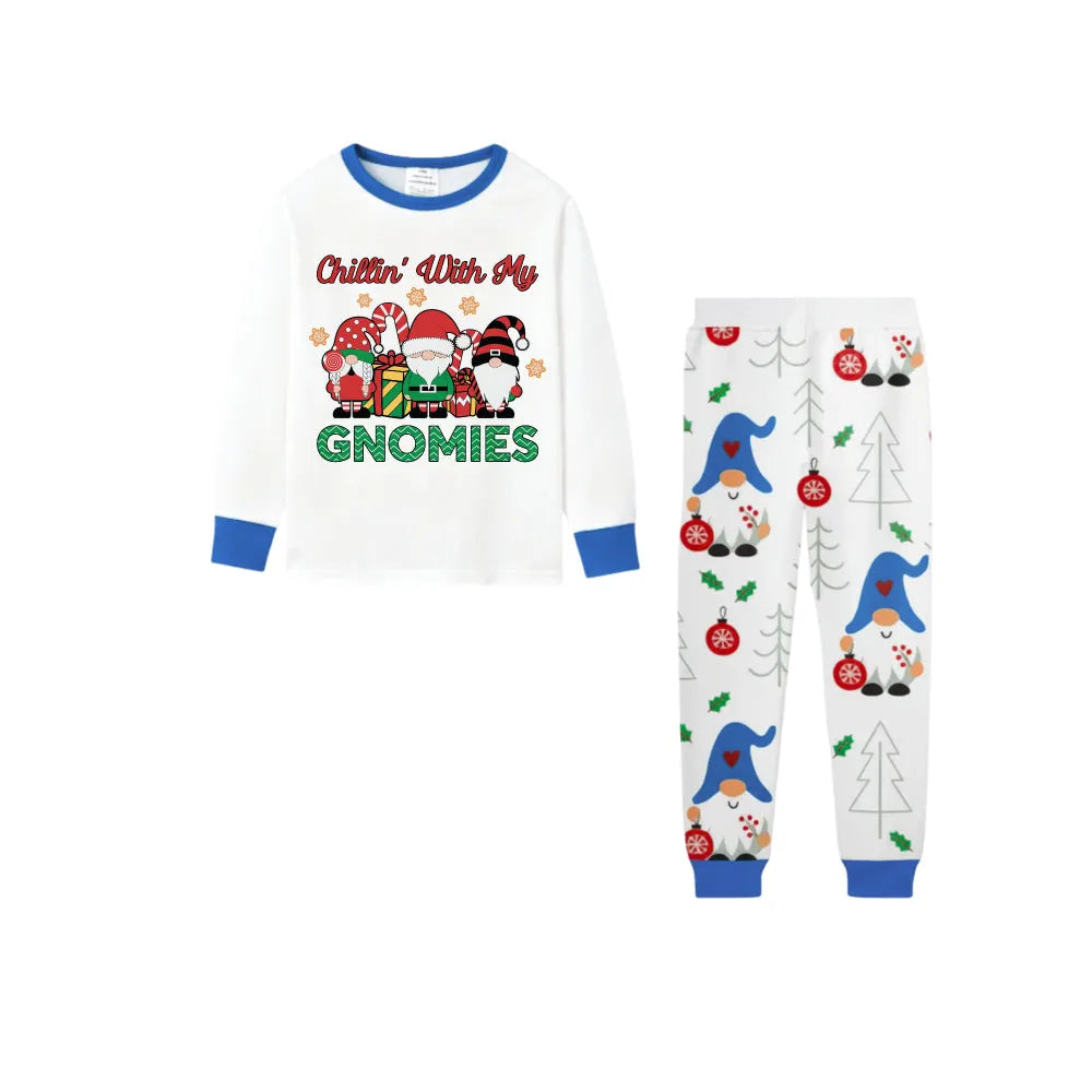 Blue Family Christmas Holiday Pajamas Set with Merry Gnome Pattern Print