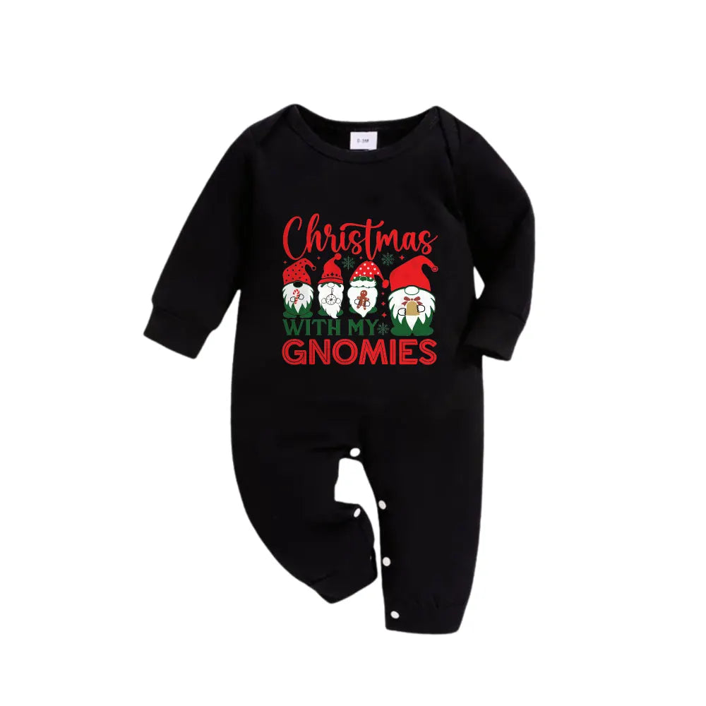 Christmas Family Matching Pajamas-Black Top and Green Plaid Pants Pjs Set with Gnome Family and "Christmas With My Gnomies" Print