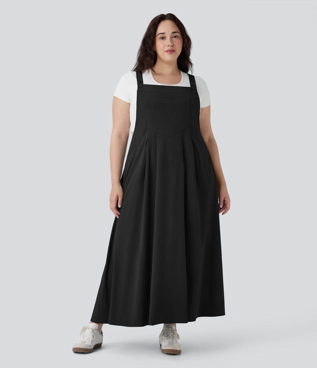 BreezefulTM Flowy Quick Dry Midi Casual Plus Size Pinafore Dress with Pockets