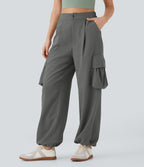 High Waisted Adjustable Drawstring Hem Linen-Feel Casual Cargo Pants with Pockets