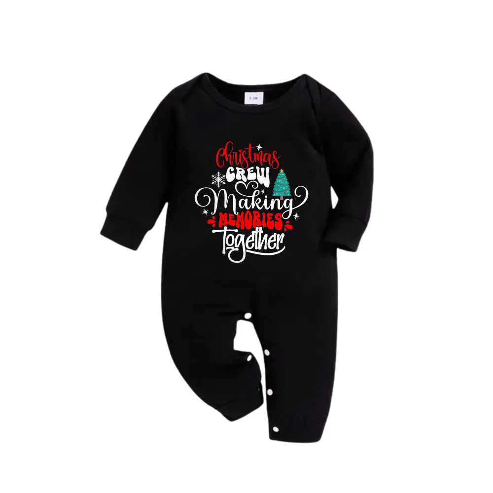 Christmas Family Matching Pajamas-Black Top and Green Plaid Pants Pjs Set with "Christmas Crew Making Memories Together" Artistic Font Print