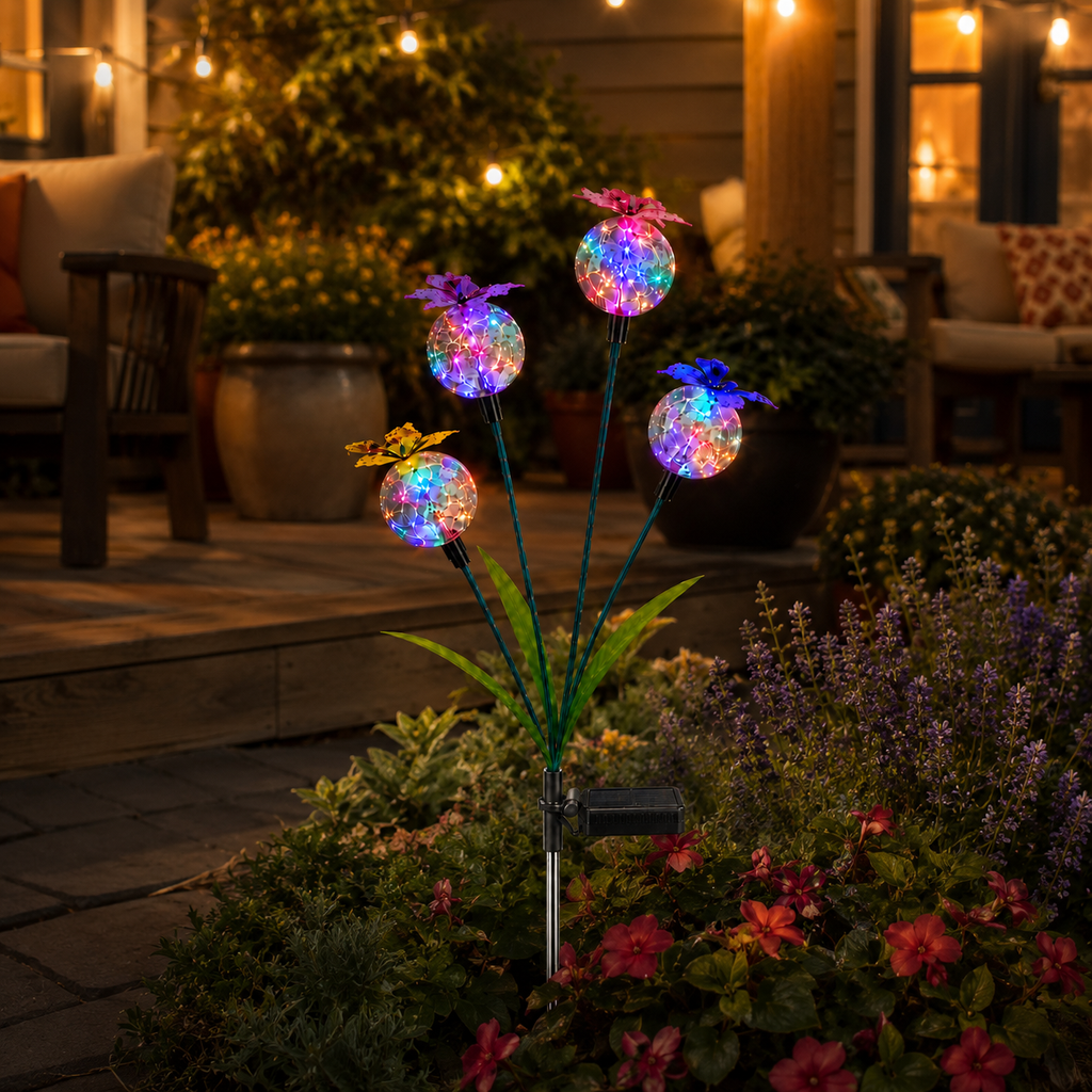 Solar Butterfly Garden Stake Light – 4 Glowing Crackle Globes