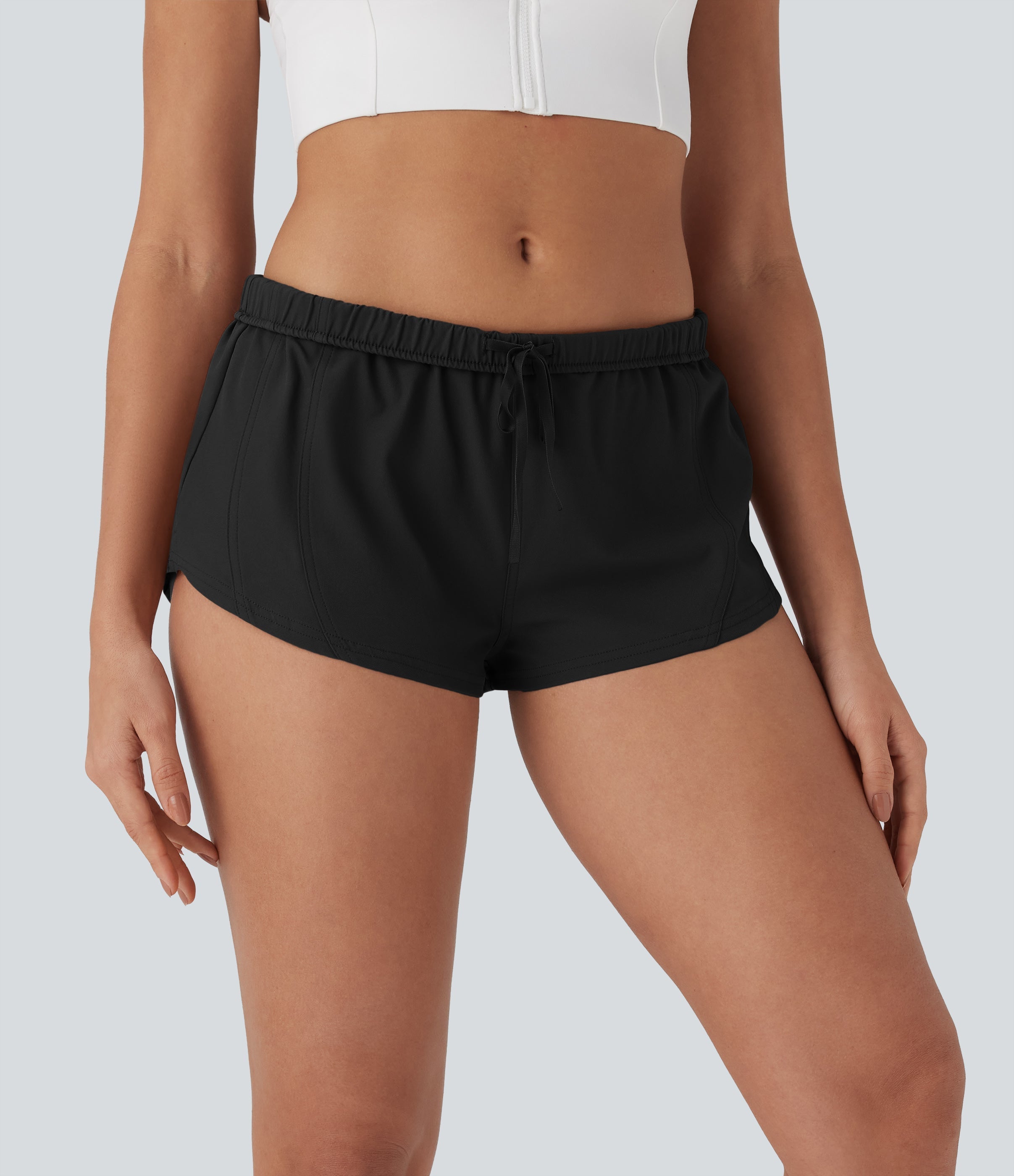 Water Repellent Foldover Low waist Drawstring 2-in-1 Twill Running Micro Shorts with Pocket