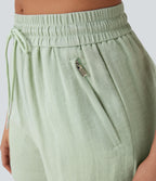 Mid Rise Drawstring Linen-Feel  Work Shorts with Side Zip Pockets