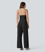 Halter Shirred Wide Leg Work Jumpsuit with Pockets