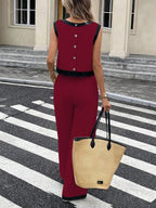 Women's Simple Colorblock Sleeveless Round Neck Top and High Waist Wide Leg Pants Set, Slimming Casual Comfortable for Daily Commute