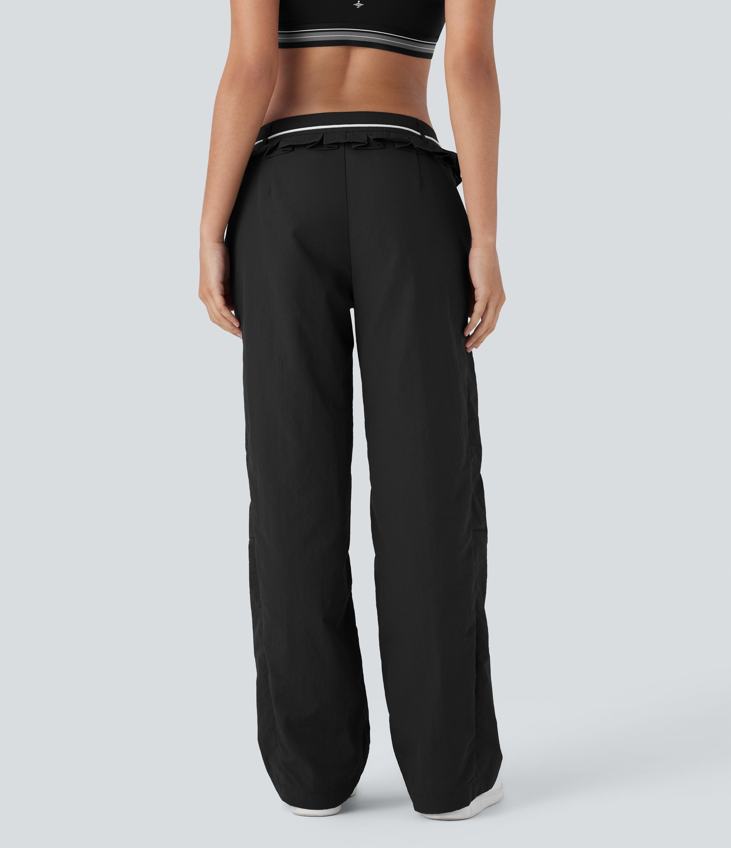 Low Rise Drawstring Ruffle Trim Dance Barrel Leg Pants with Pockets