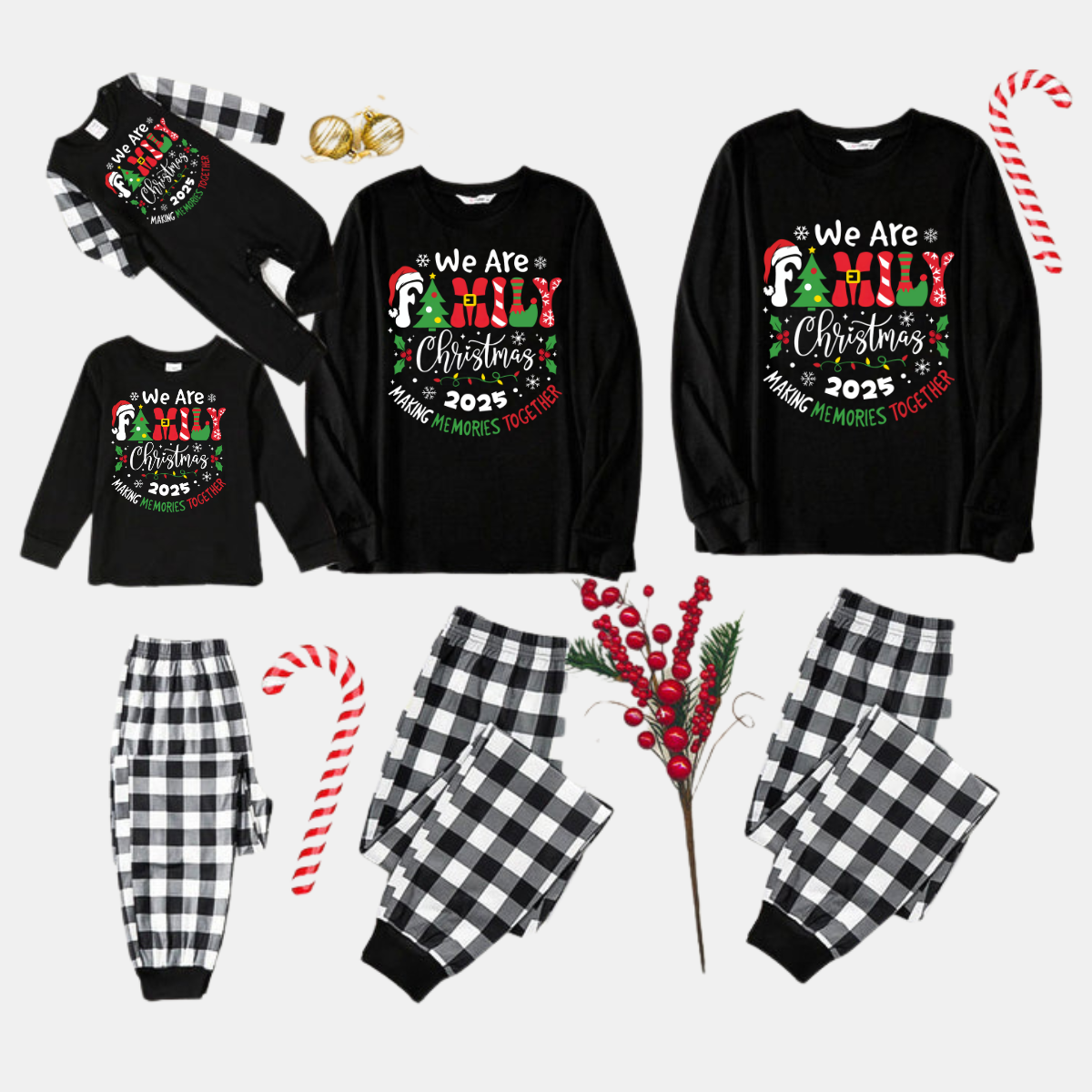 "We are Family 2025 Christmas Make Memories Together" Slogan Print Black Long Sleeve Top with Black And White Plaid Pants Family Matching Pajamas