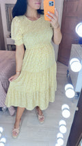 Genny Yellow Ditsy Floral Print Shirred Smock Dress
