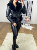 Glendah Black Faux Leather Faux Fur Belted Jacket