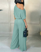 Skew Neck Batwing Sleeve High Waist Overalls Casual Short Sleeve Cinched Waist Wide Leg Jumpsuit