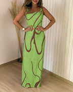 Abstract Print Square Neck Thick Strap Maxi Dress Elegant Side Slit Vacation Dress