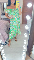 Hancie Floral Print Frill Bardot Strap Dress