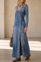 Agape | Denim Maxi Dress with V-Neck and Side Slits