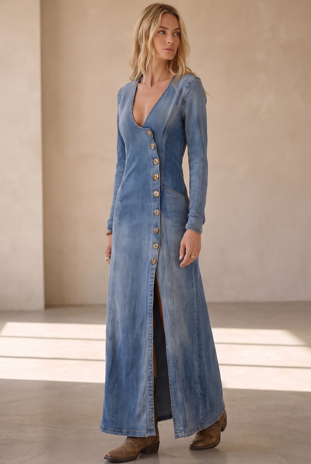Agape | Denim Maxi Dress with V-Neck and Side Slits