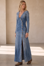 Agape | Denim Maxi Dress with V-Neck and Side Slits
