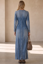 Agape | Denim Maxi Dress with V-Neck and Side Slits