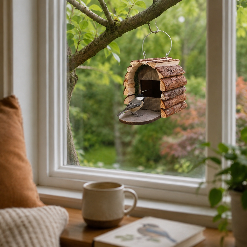 Rustic Hanging Wooden Birdhouse with Natural Bark Roof – Outdoor Garden Bird Nest Box