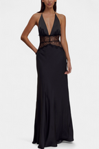 Ashanty Long Dress with Neckline and Sheer Lace at the Waist