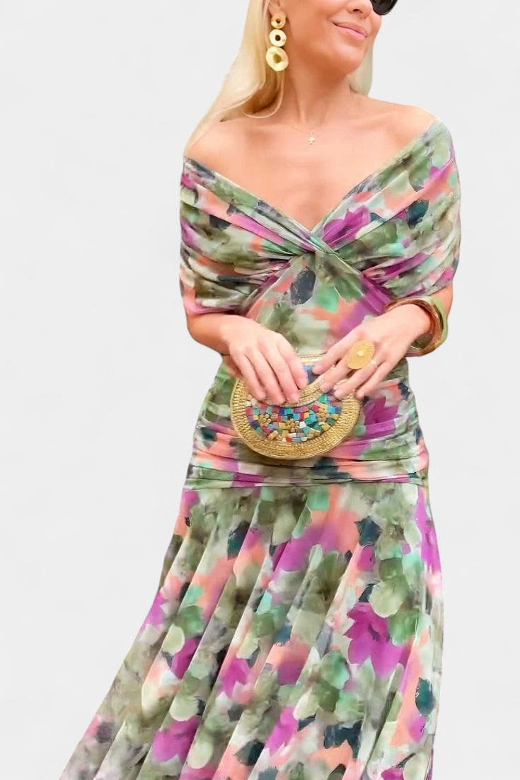 Alondra Long Dress with Floral Fancy Design and Decollete