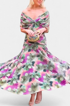 Alondra Long Dress with Fancy Floral Pattern and V-Neckline