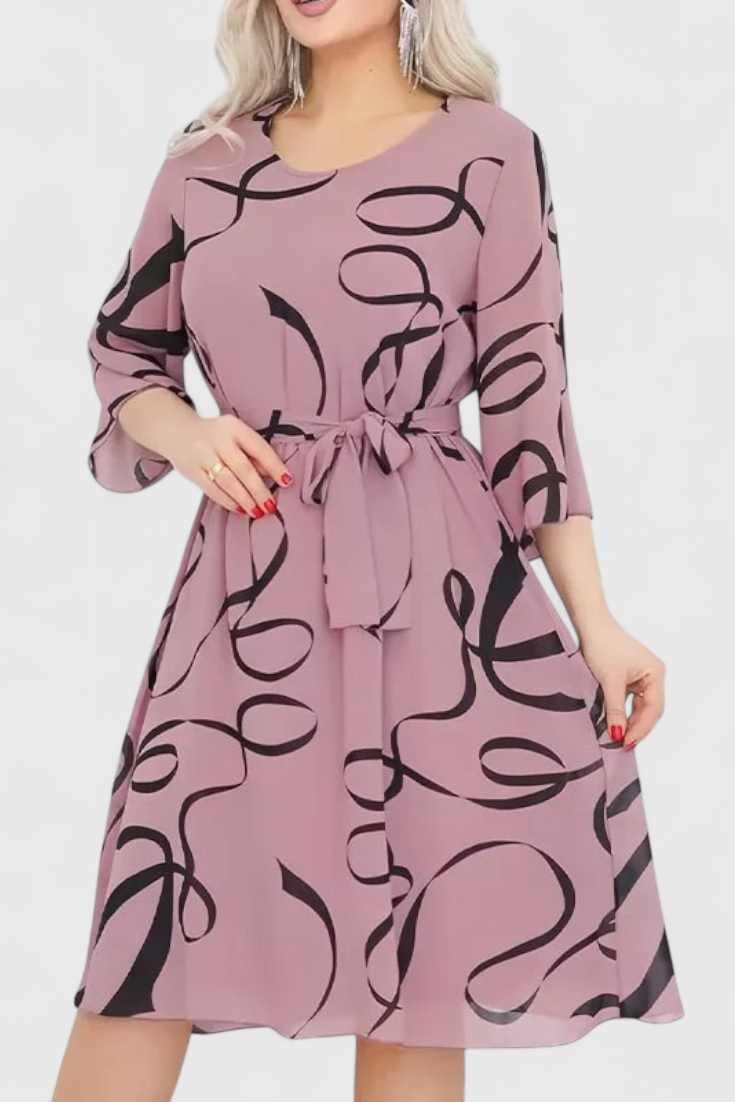 Amelie Midi Dress with Print, Belt and Flexible Cut