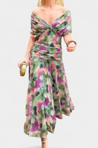 Alondra Long Dress with Floral Fancy Design and Decollete