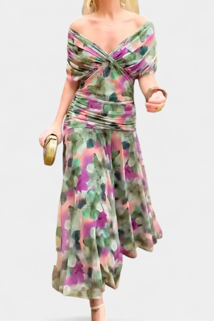 Alondra Long Dress with Floral Fancy Design and Decollete