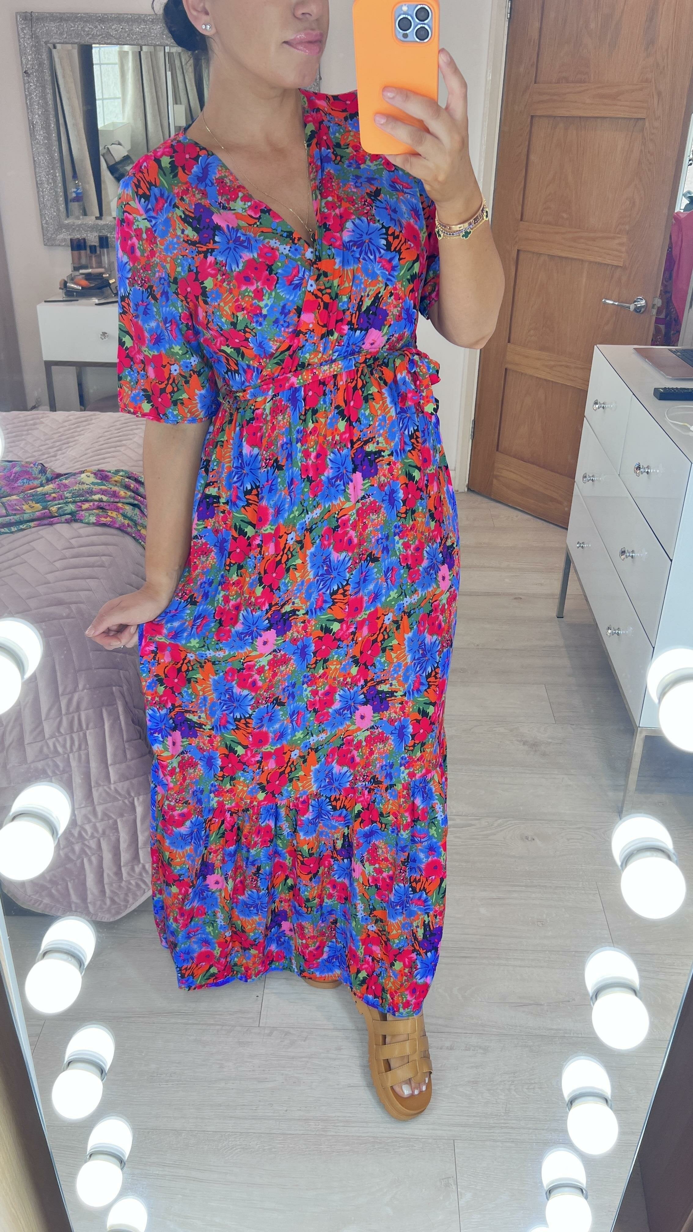 Devina Blue Floral Print Wrap Front Dress