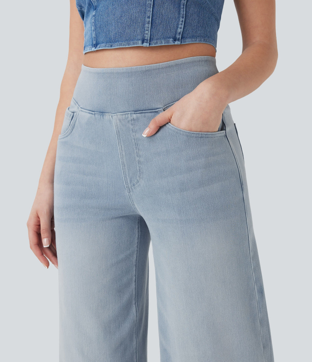 2026🔥 FlexTM High Waisted Multiple Pockets Baggy Wide Leg Washed Stretchy Knit Casual Jeans