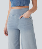 2026🔥 FlexTM High Waisted Multiple Pockets Baggy Wide Leg Washed Stretchy Knit Casual Jeans