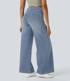 2026🔥 FlexTM High Waisted Multiple Pockets Baggy Wide Leg Washed Stretchy Knit Casual Jeans