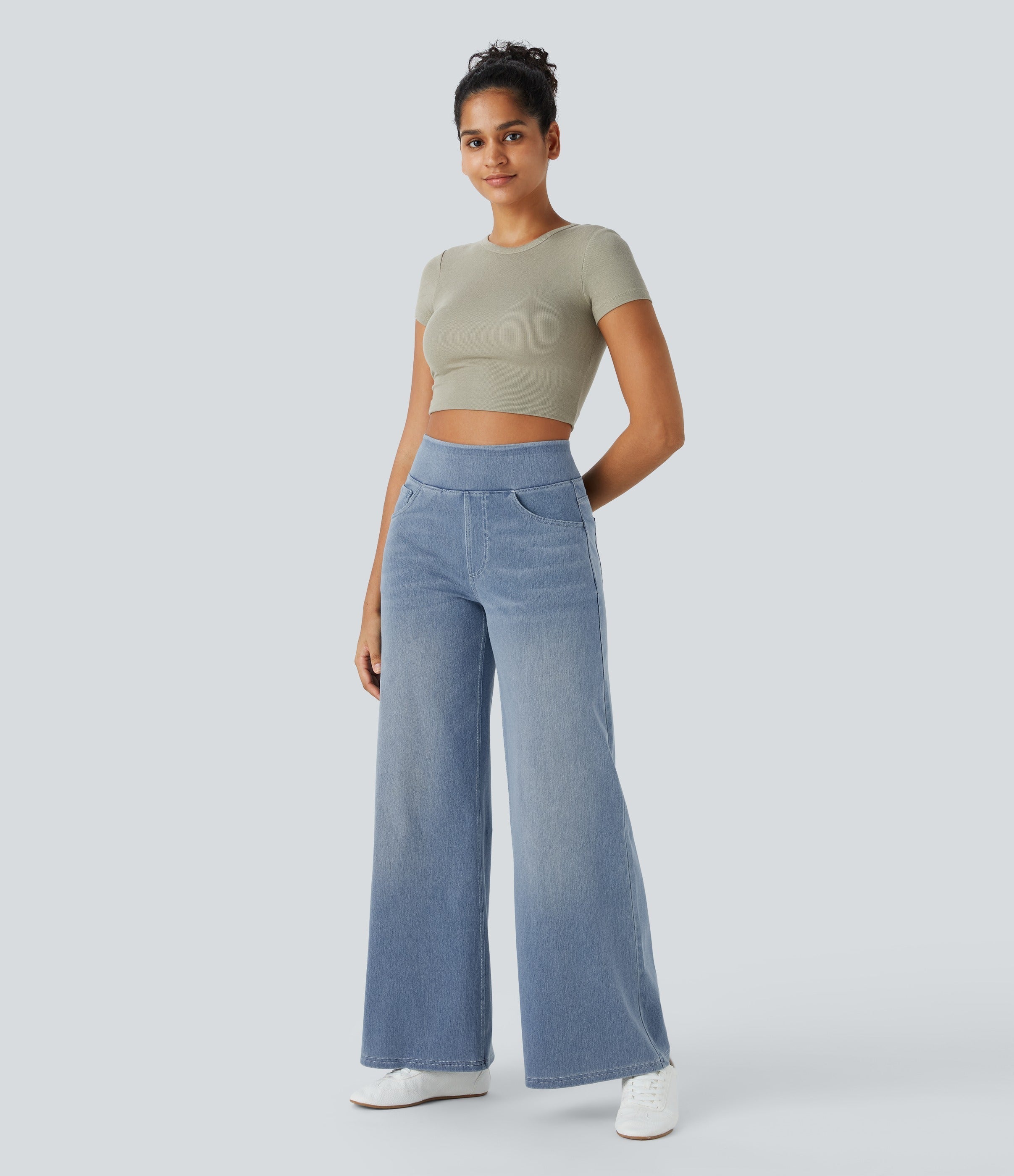 2026🔥 FlexTM High Waisted Multiple Pockets Baggy Wide Leg Washed Stretchy Knit Casual Jeans
