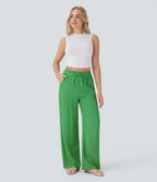 2026🔥 High Waisted Drawstring Pocket Wide Leg Casual Linen-Feel Pants