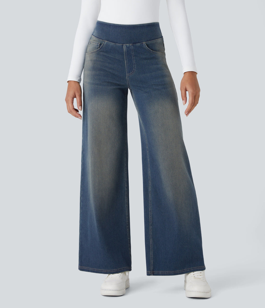 2026🔥 FlexTM High Waisted Multiple Pockets Baggy Wide Leg Washed Stretchy Knit Casual Jeans
