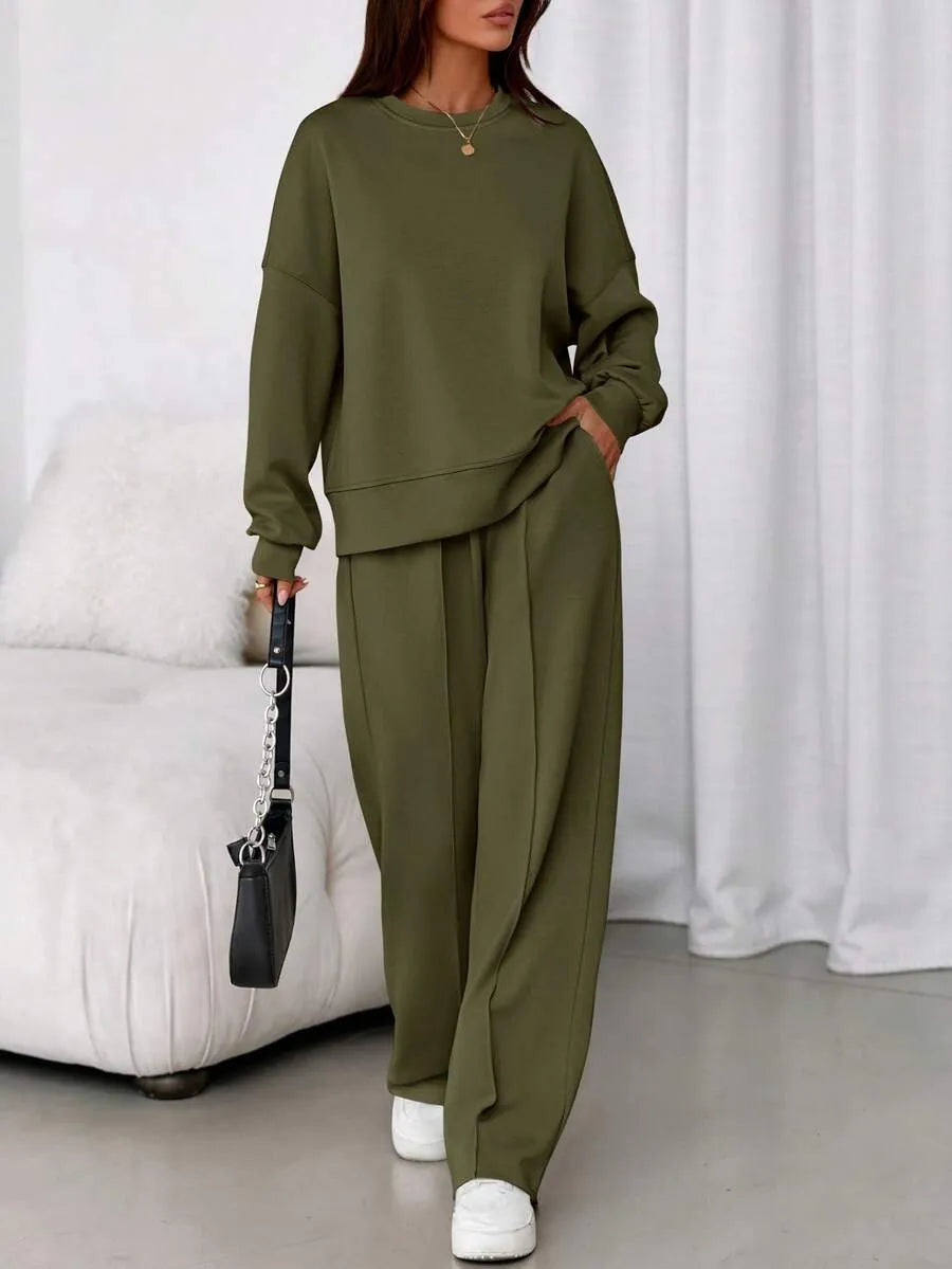 Women's Fall Winter New Long Sleeve Round Neck Sweatshirt and Pants Set, Casual Loose-Fitting Two-Piece Fashion, Travel Party Inspiration