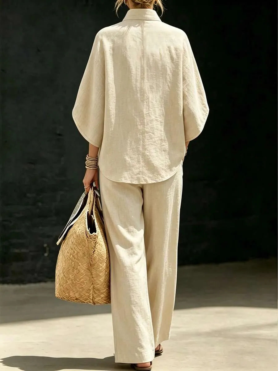 Linen Two Piece Set Mandarin Collar Batwing Sleeve Top & Wide Leg Pants