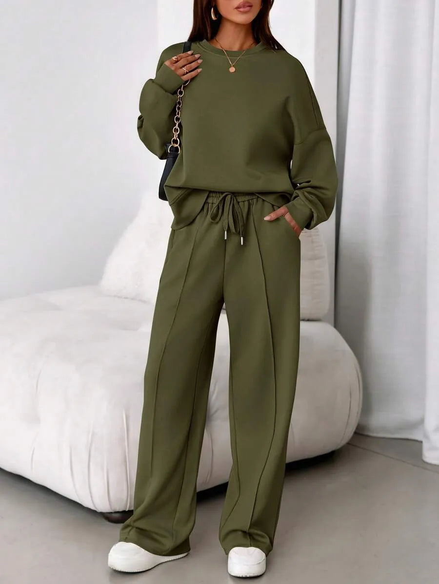 Women's Fall Winter New Long Sleeve Round Neck Sweatshirt and Pants Set, Casual Loose-Fitting Two-Piece Fashion, Travel Party Inspiration