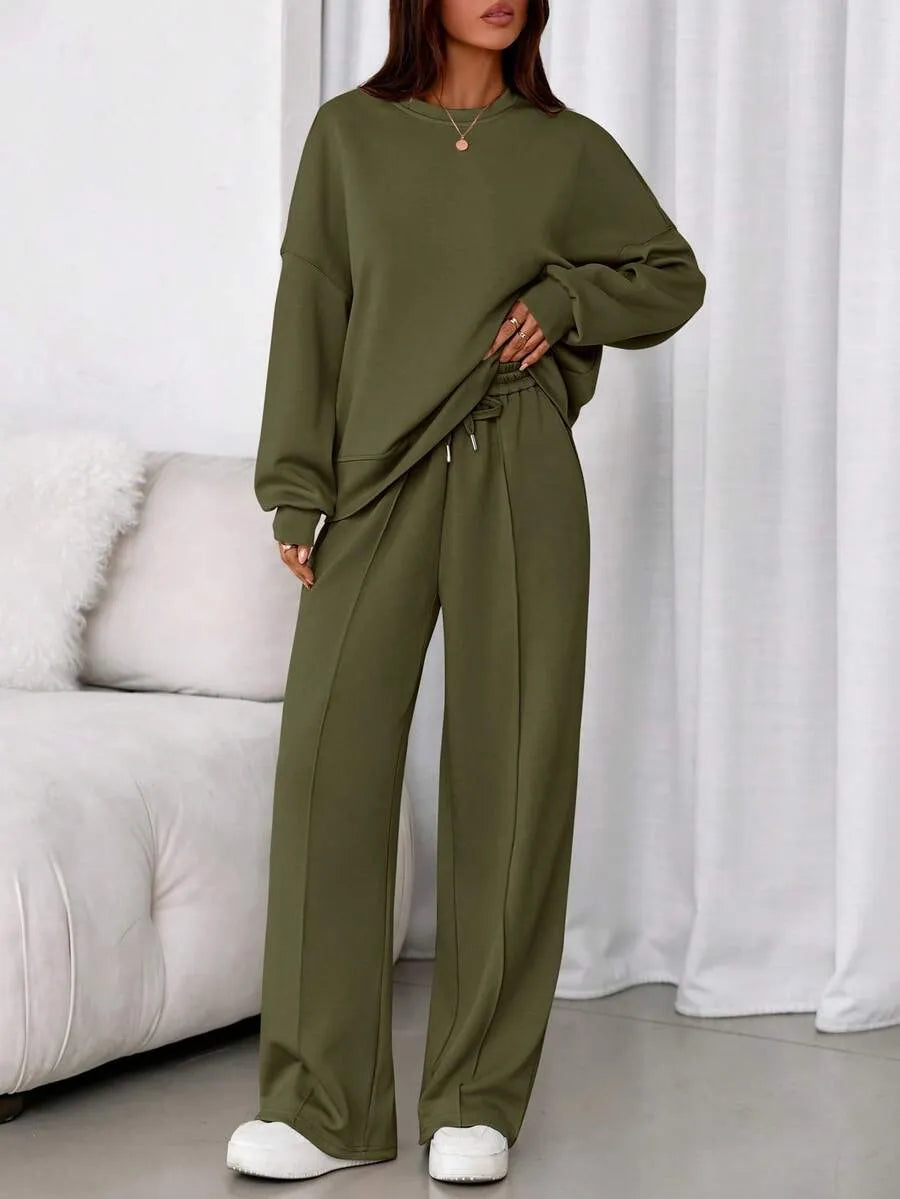 Women's Fall Winter New Long Sleeve Round Neck Sweatshirt and Pants Set, Casual Loose-Fitting Two-Piece Fashion, Travel Party Inspiration